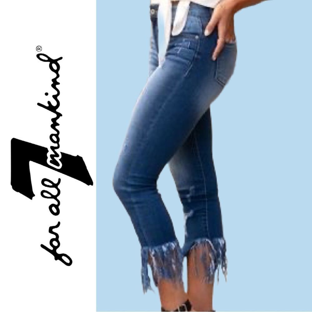 7 For All Mankind Women’s Mid-Rise Straight Distressed Fringed Jeans -‎ Size 28